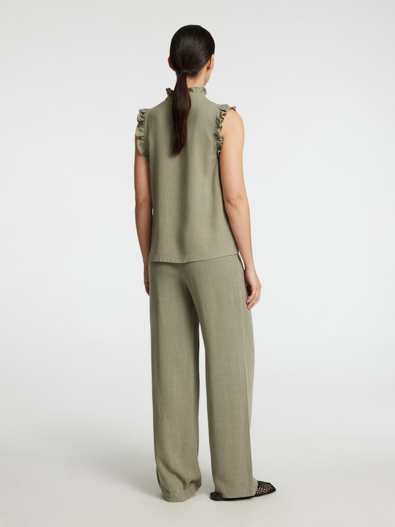 VIVA SL SUN RUFFLE LIN TOP vetiver