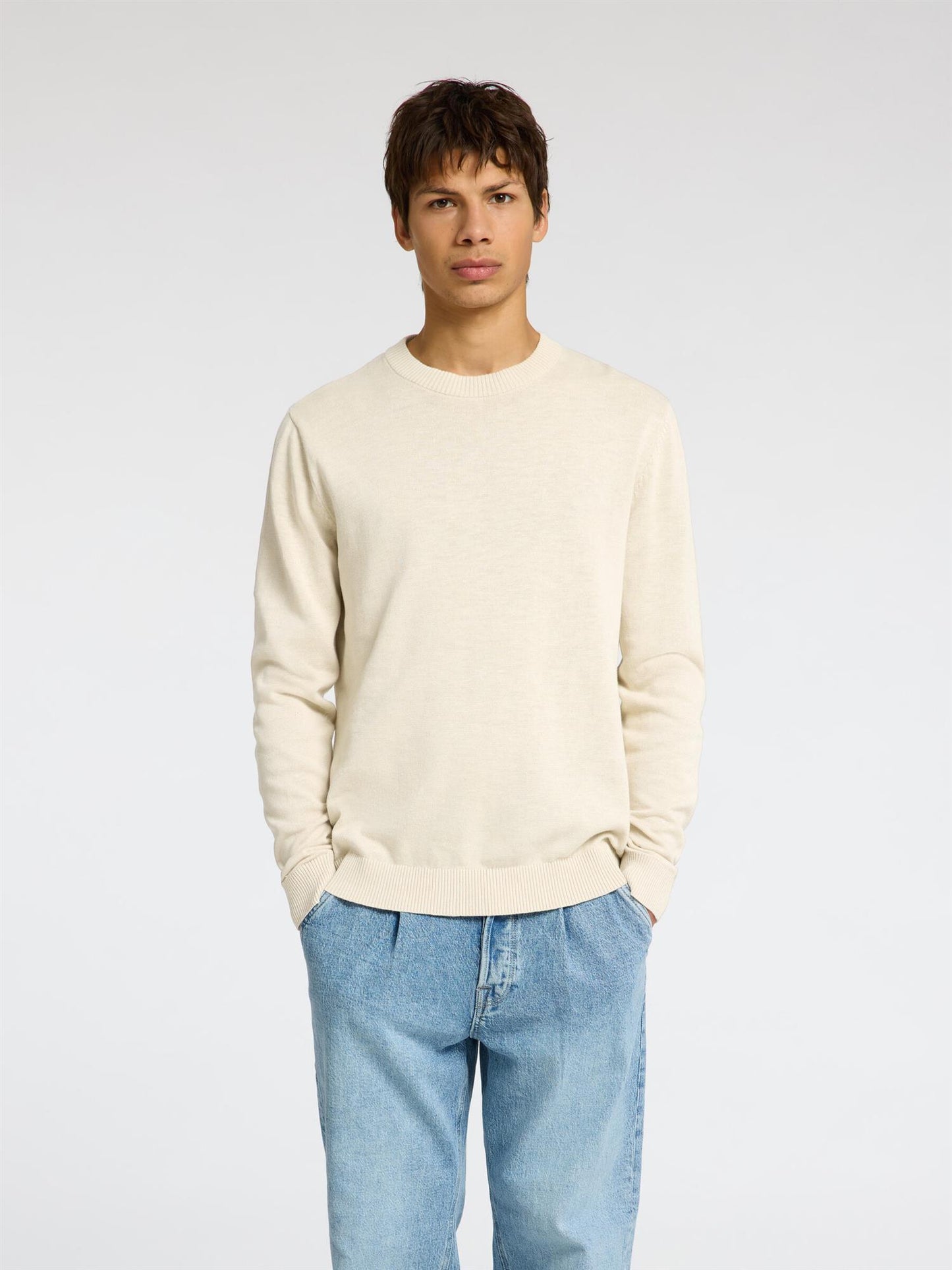Slhreuben ls knit relaxed crew neck Egret/ Melange