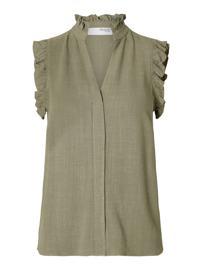 VIVA SL SUN RUFFLE LIN TOP vetiver