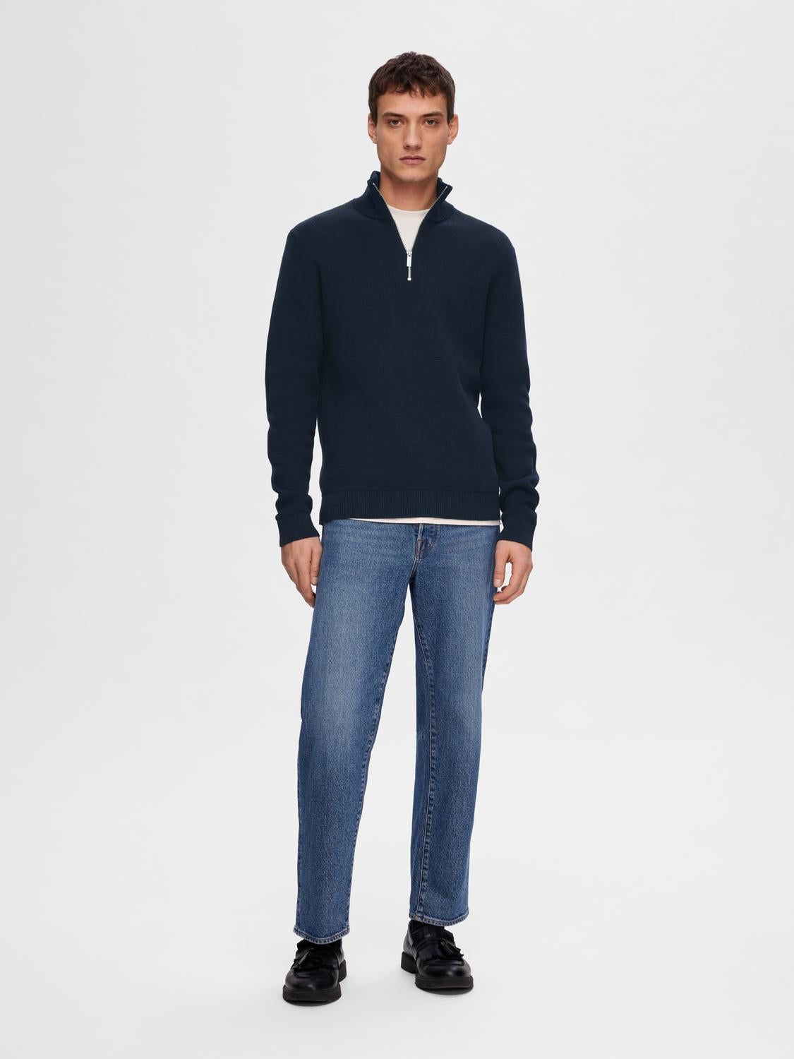 Dane strikket genser med zip Navy