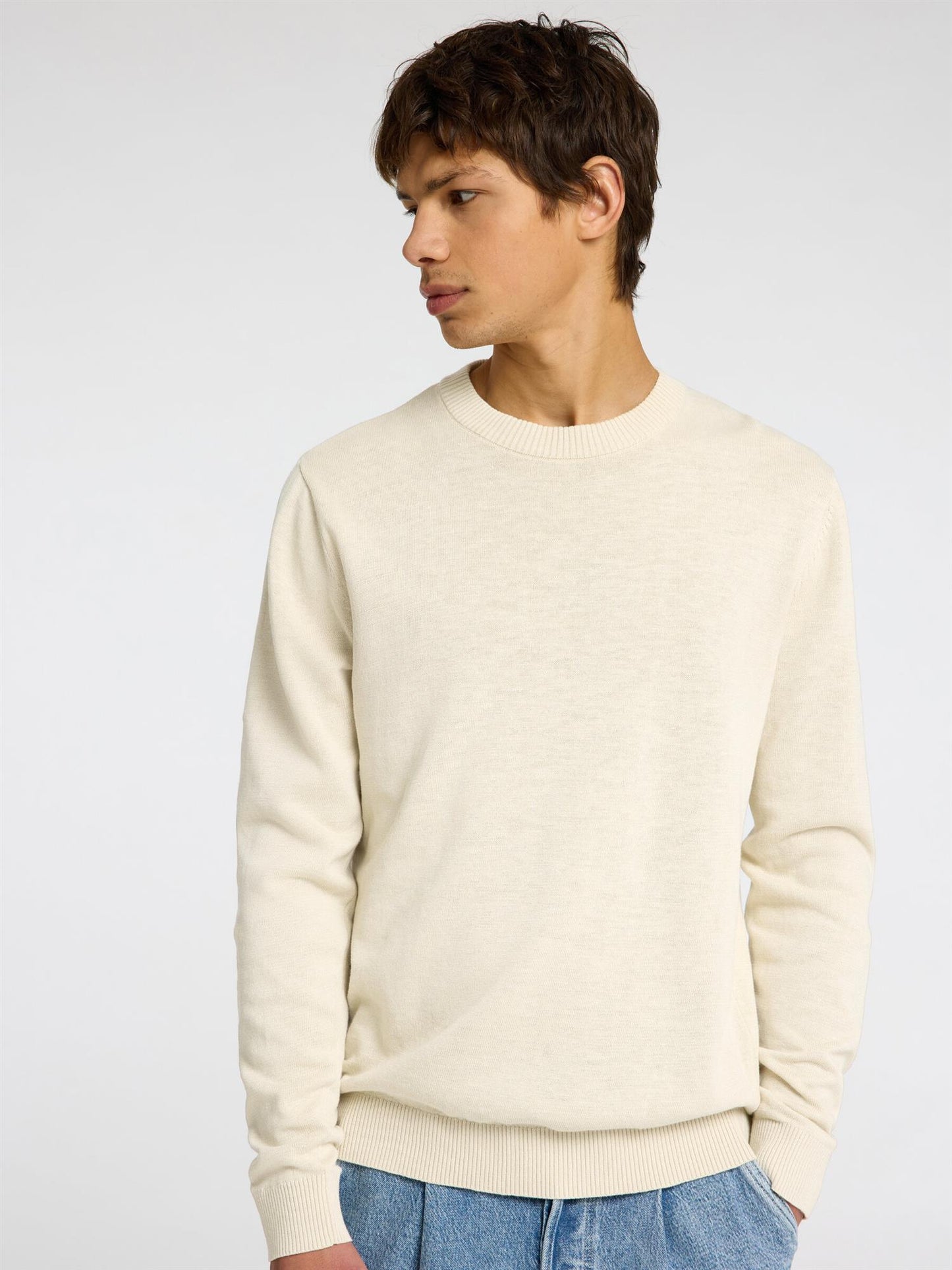 Slhreuben ls knit relaxed crew neck Egret/ Melange