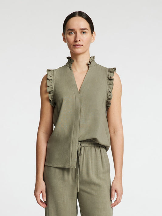 VIVA SL SUN RUFFLE LIN TOP  vetiver