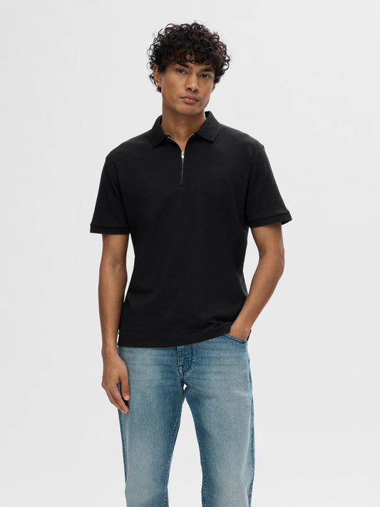 Slhfave Zip Ss Polo Black